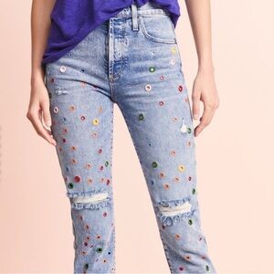 Alice & Olivia AO.LA Multicolor Rainbow Grommet High Waist Crop Denim Jeans